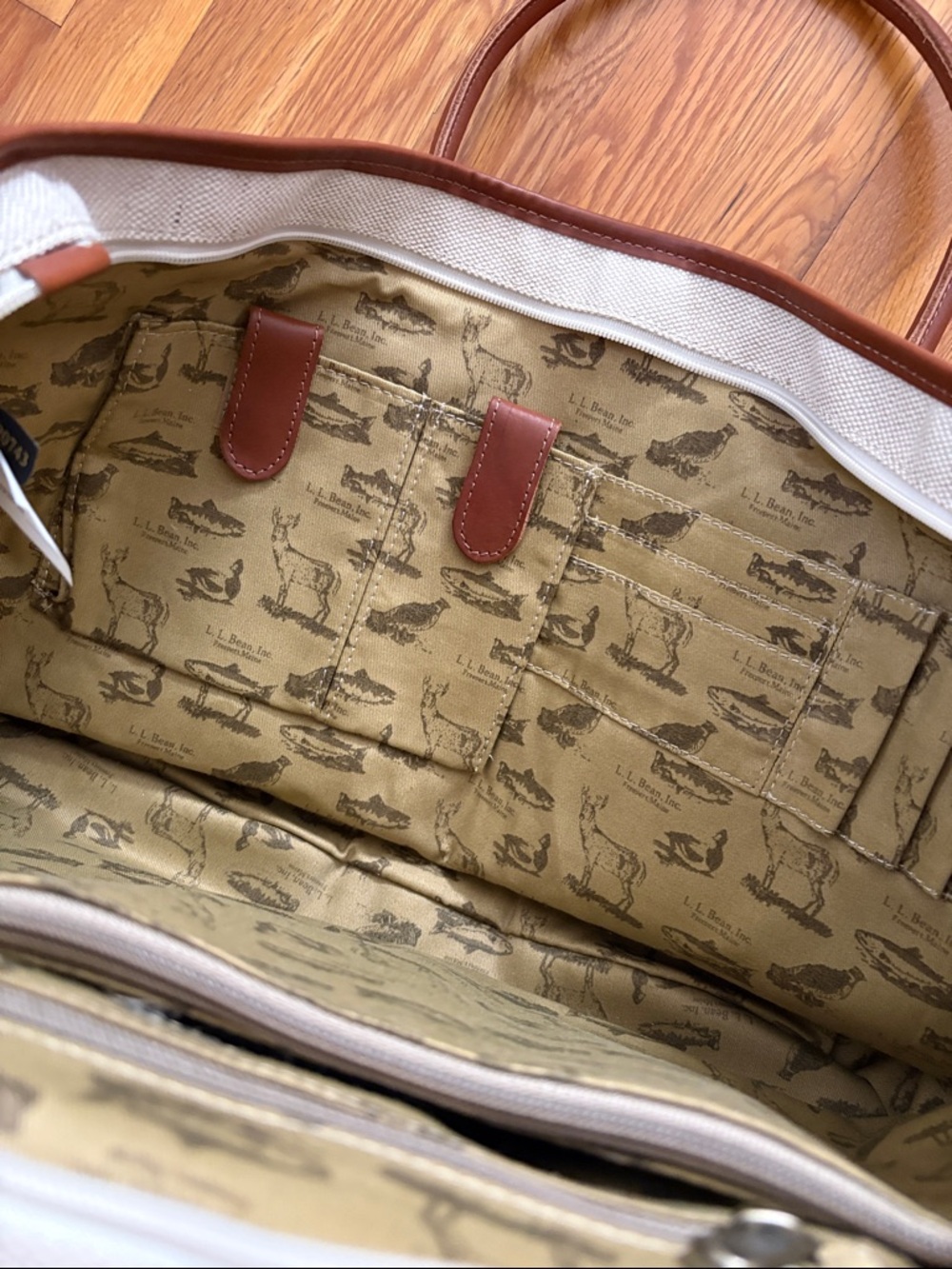 L.L. Bean Boat & Tote Bag canvas jute Leather handles and details - Picture 3 of 7